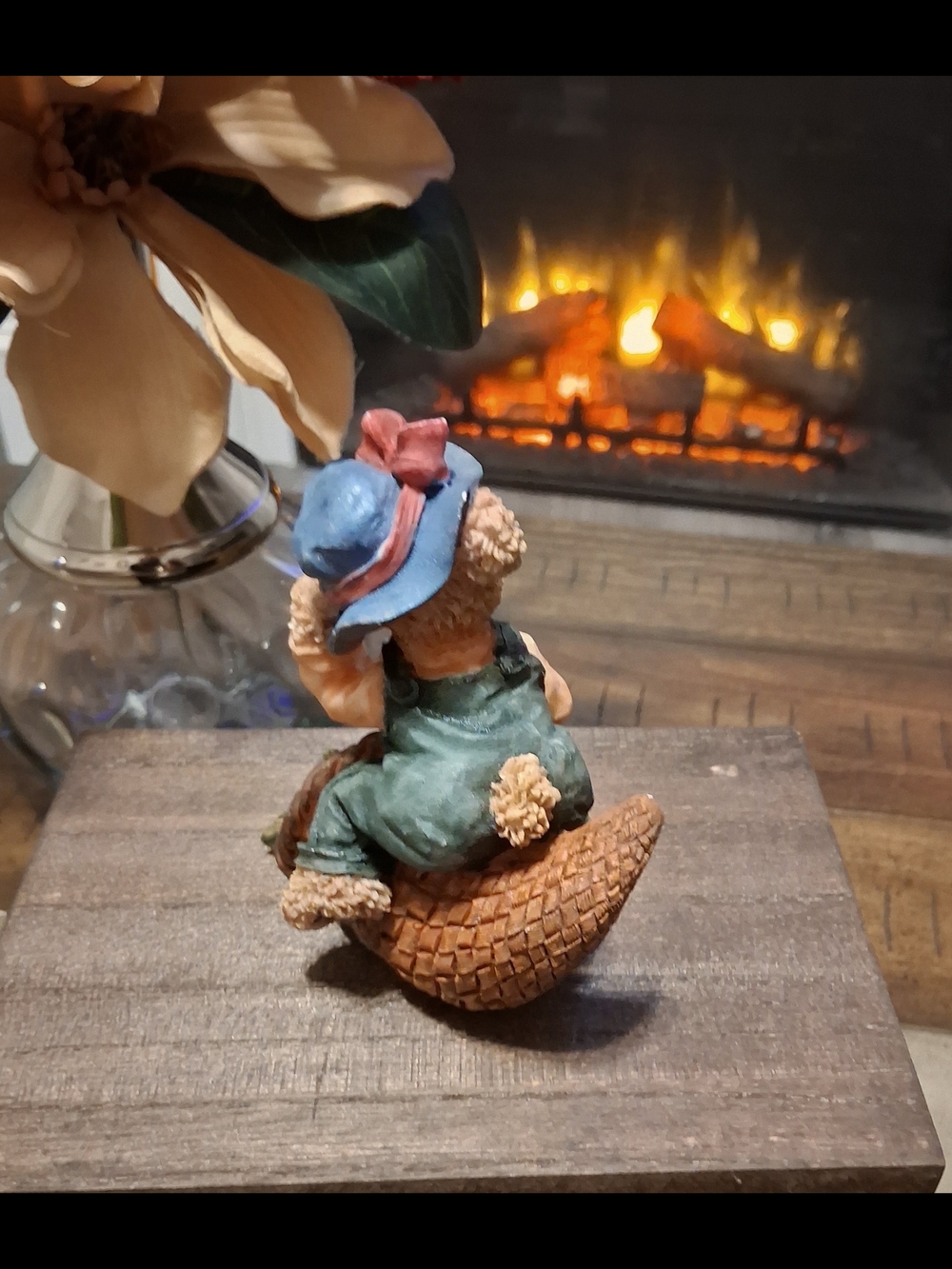 Autumn Harvest Bear Figurine - Decorative Home Accent - Blue Hat, Green Overalls - Picture 3 of 3